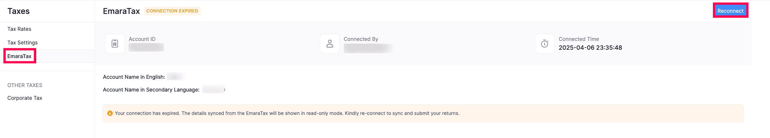 Reconnect from EmaraTax Page