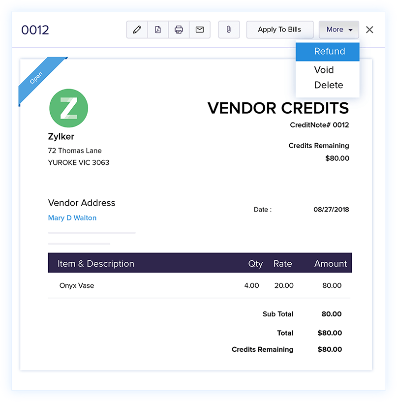Vendor Credits - Online Billing Management Software | Zoho Books