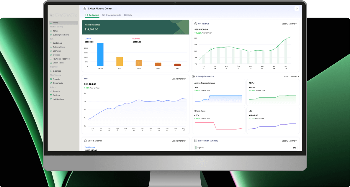 Screenshot of Zoho Billing’s Mac dashboard providing a complete overview of your financial health with real-time insights into revenue, customers, receivables, and expenses