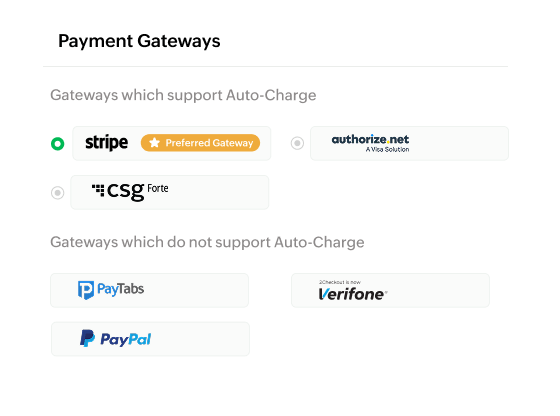 Integrate with multiple payment gateways of your choice. | Zoho Billing