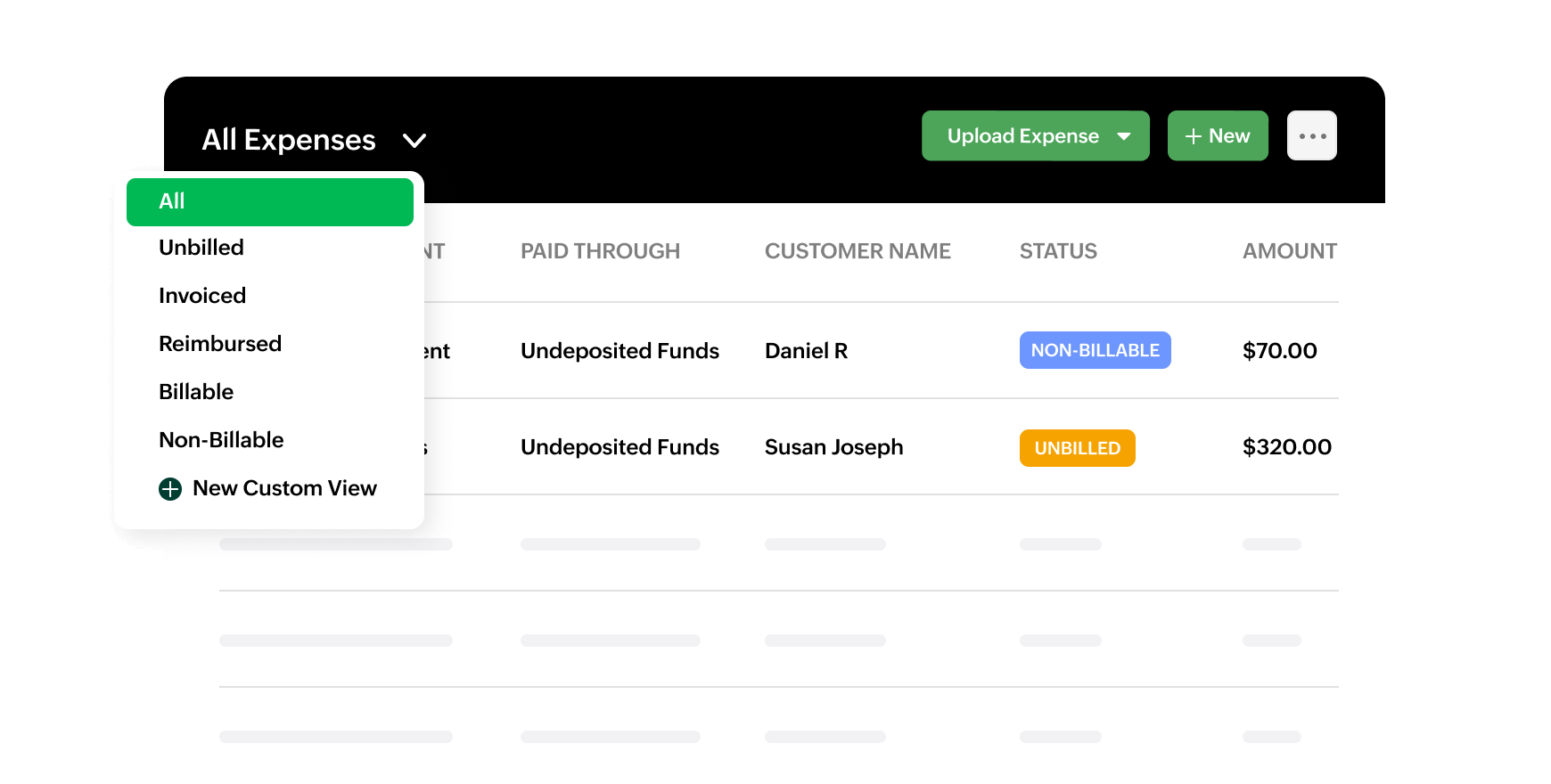 Image displaying Zoho Billing’s expense filtering by type.