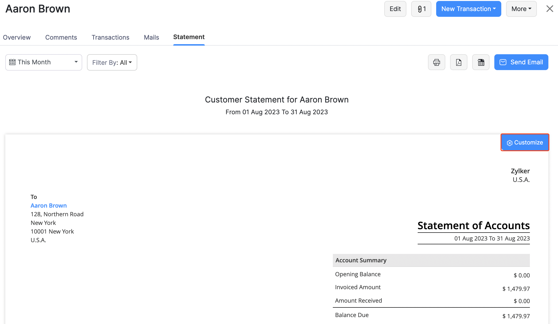 Customer Details - Customize Customer Statement