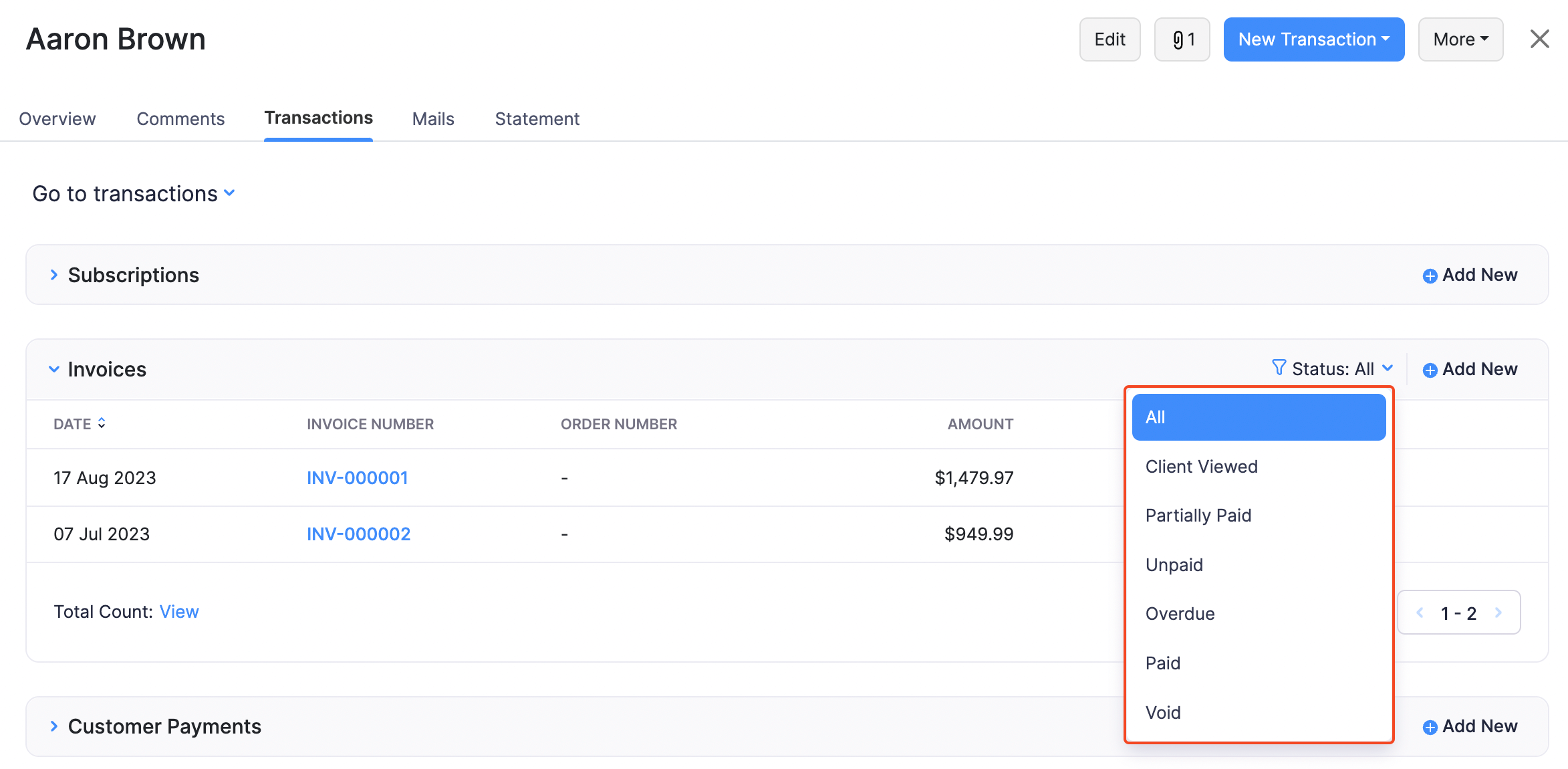 Customer Details - Transaction Status Dropdown