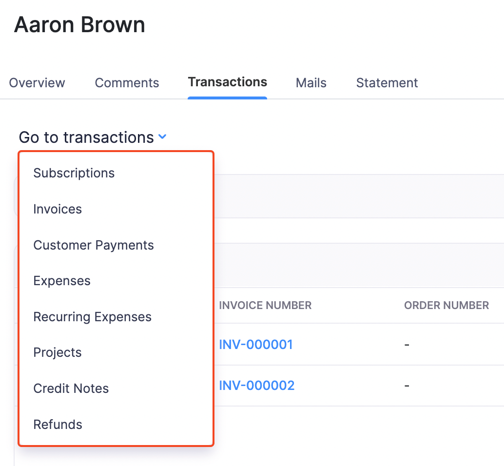 Customer Details - Go to Transactions Dropdown