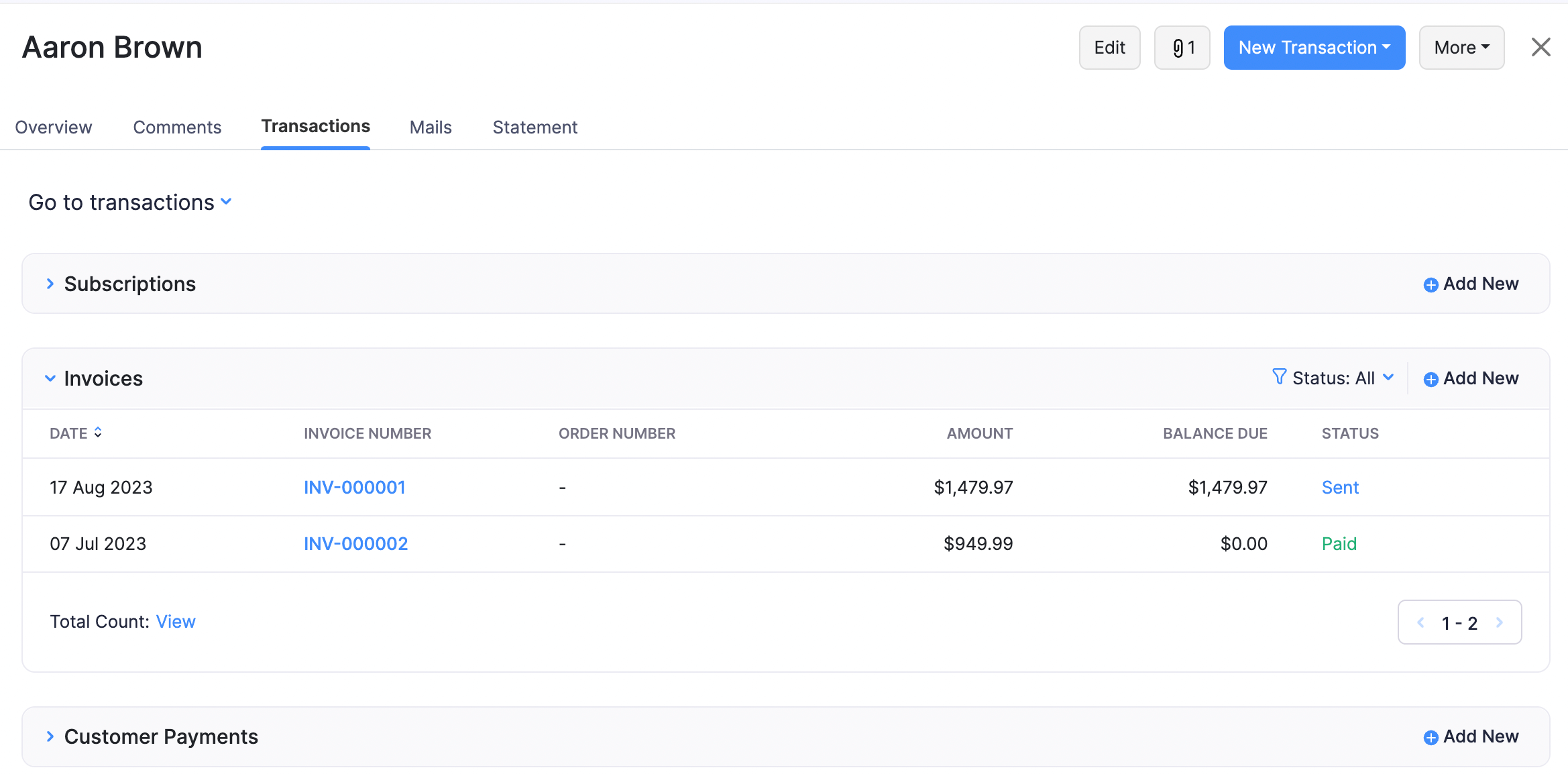 Customer Details - View Transactions