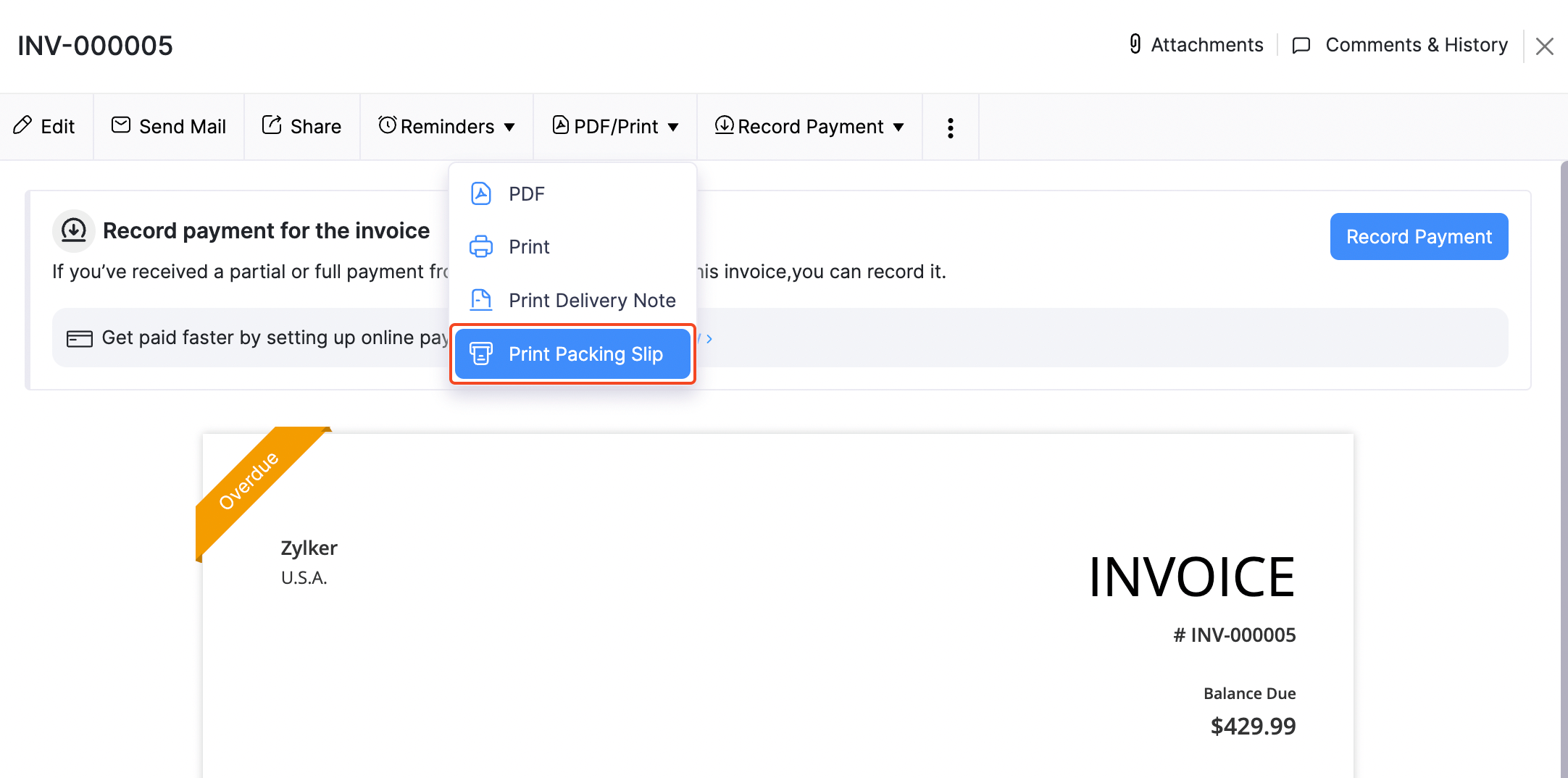Invoices - Print Packing Slip