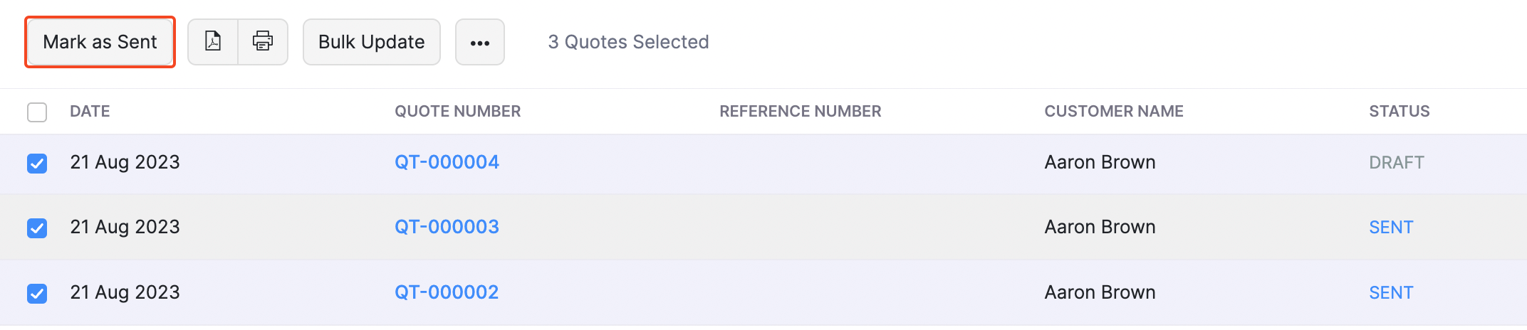 Quotes - Bulk Mark as Sent