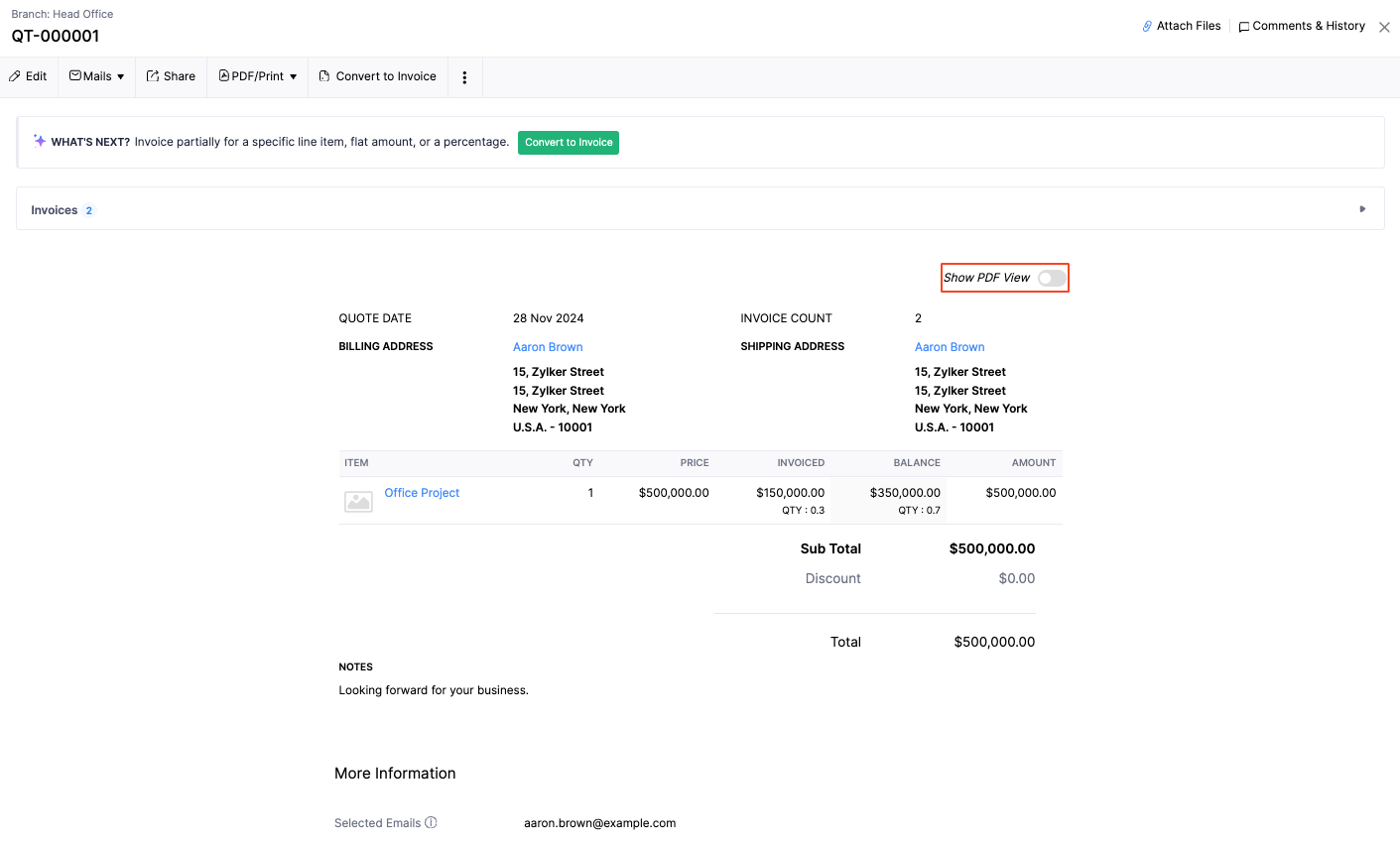 View Progress Invoice Details for the Quote