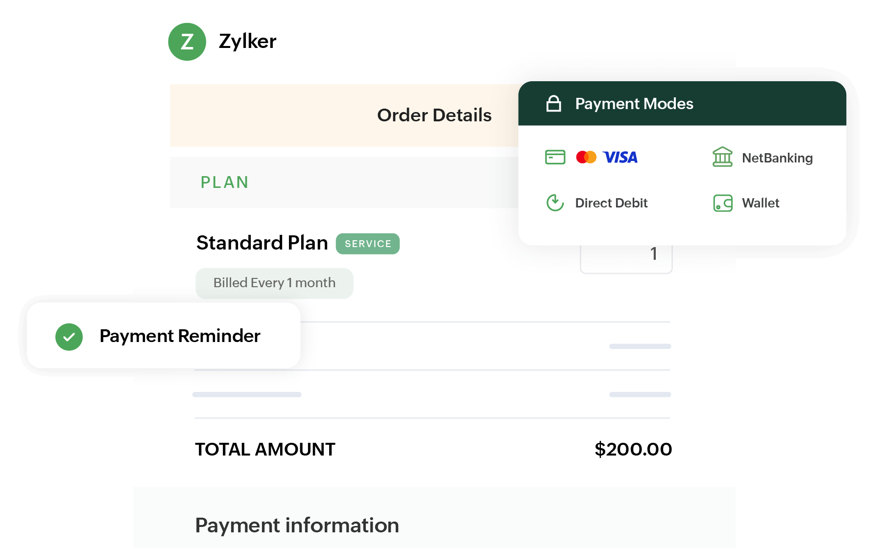 Preview of Zoho Billing's order summary and the multiple payment gateways and modes supported