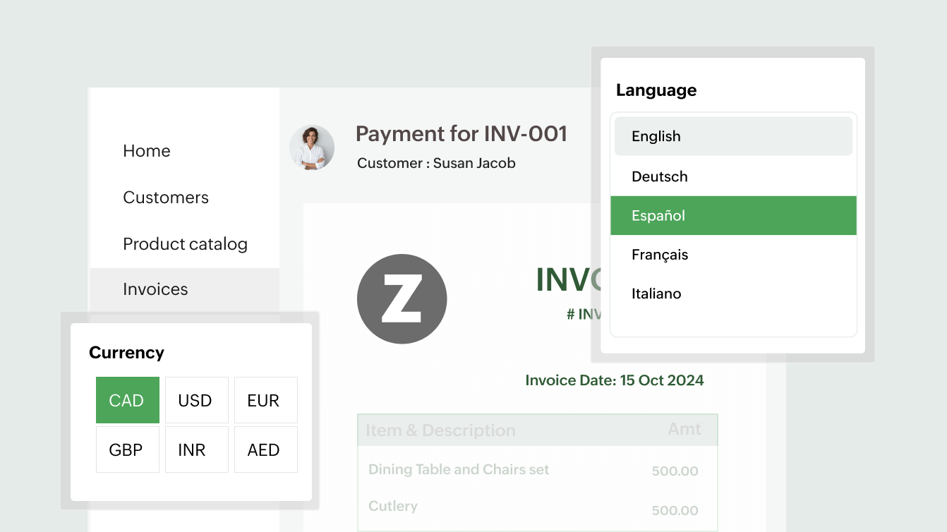 Image displaying multi-currency and multi-lingual support feature that halps businesses manage lobal customers | Zoho Billing Image displaying multi-currency and multi-lingual support feature that halps businesses manage lobal customers | Zoho Billing