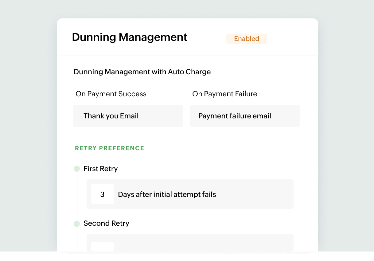 Dunning management that facilitates smart payment retries to fight involuntary churn | Zoho Billing Dunning management that facilitates smart payment retries to fight involuntary churn | Zoho Billing