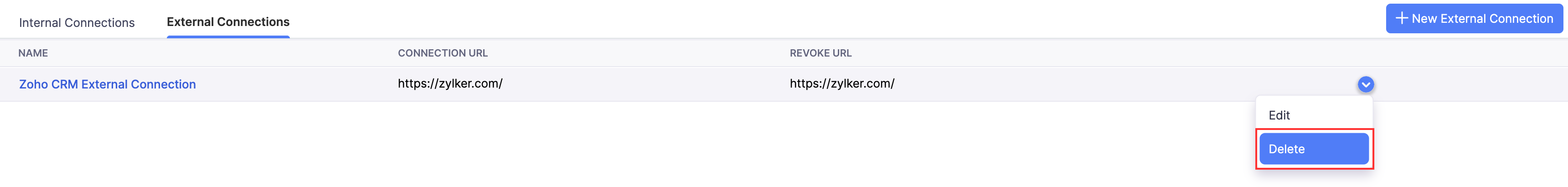 The External Connection List page. Hover over an external connection, click the Dropdown icon, and select Delete to delete it.