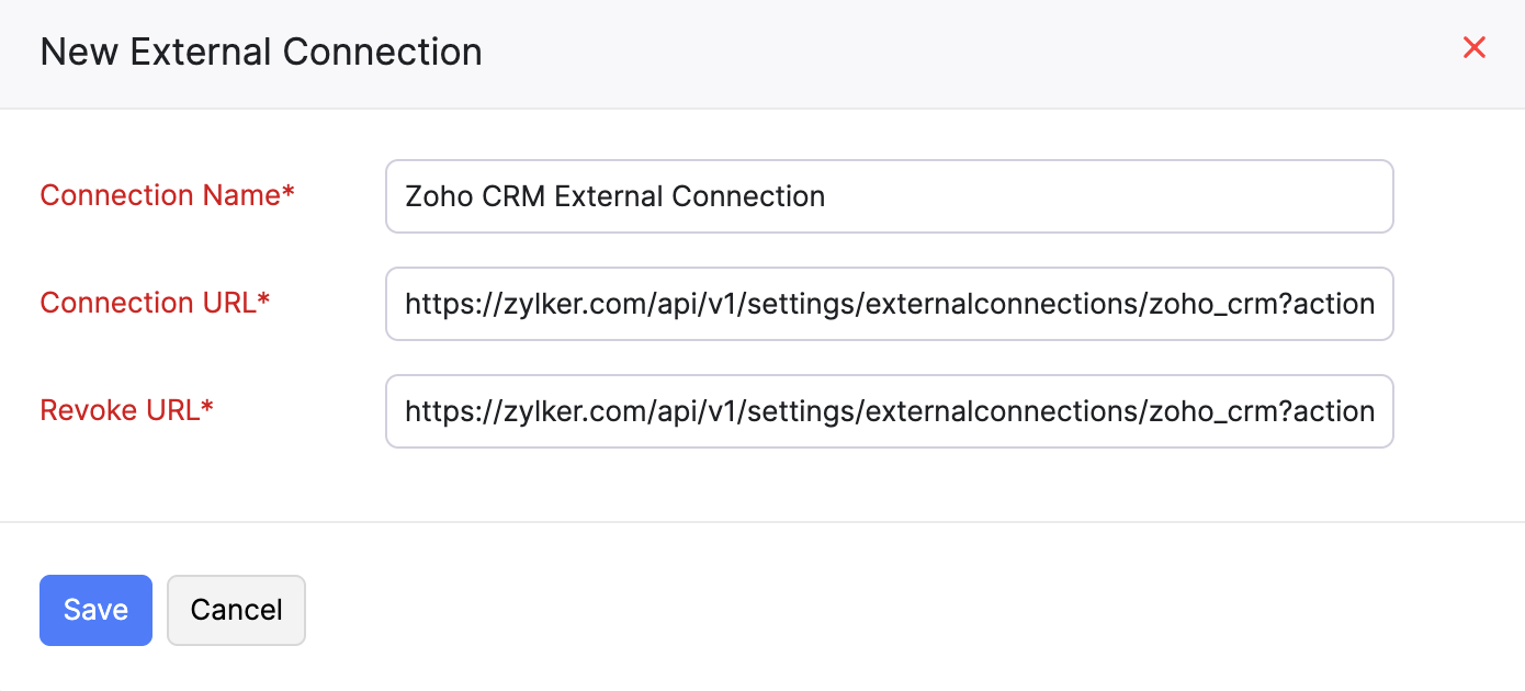 The New External Connection pop-up. Enter the required details to create an external connection for your extension.