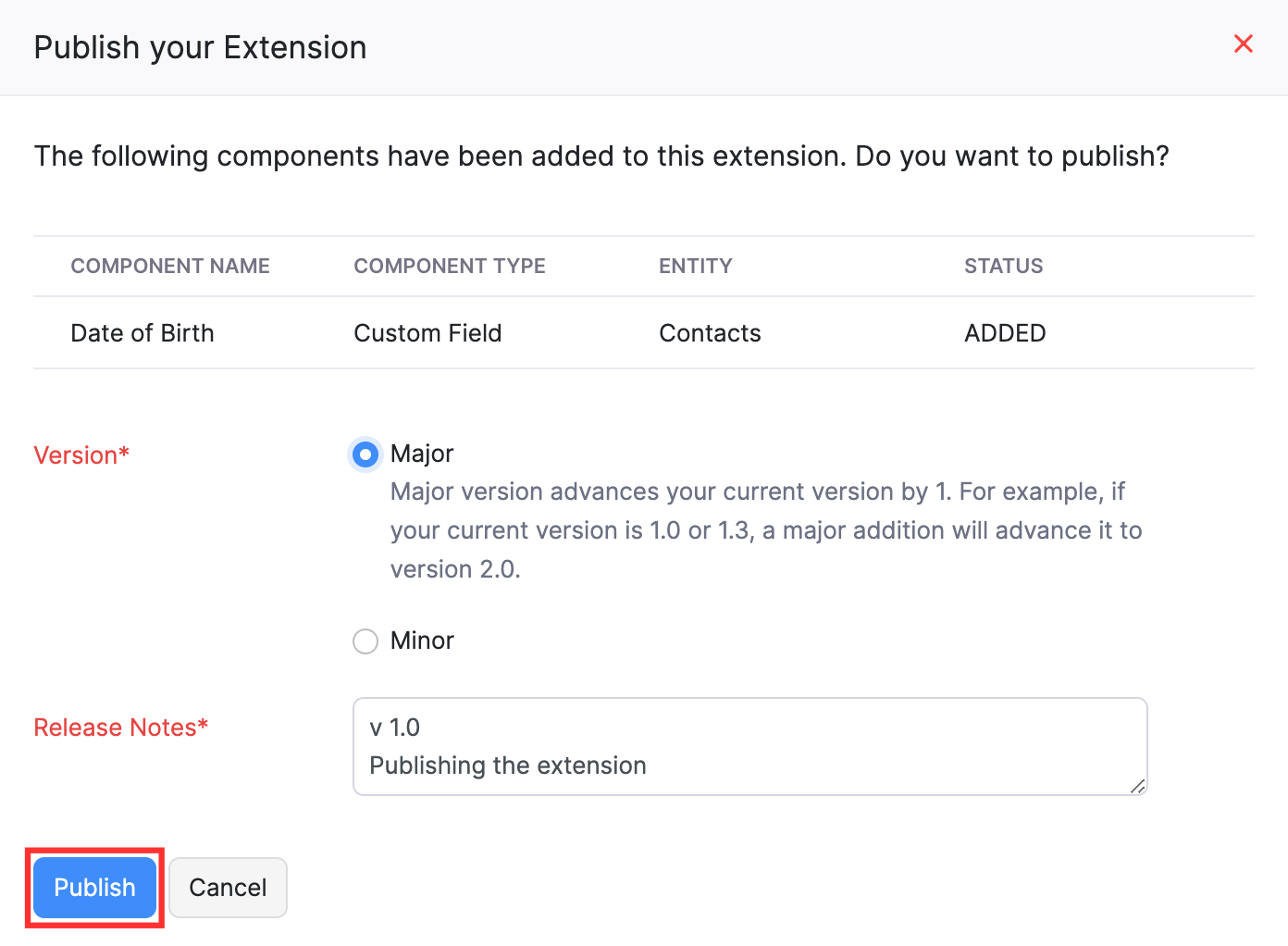 Publish Your Extension pop up