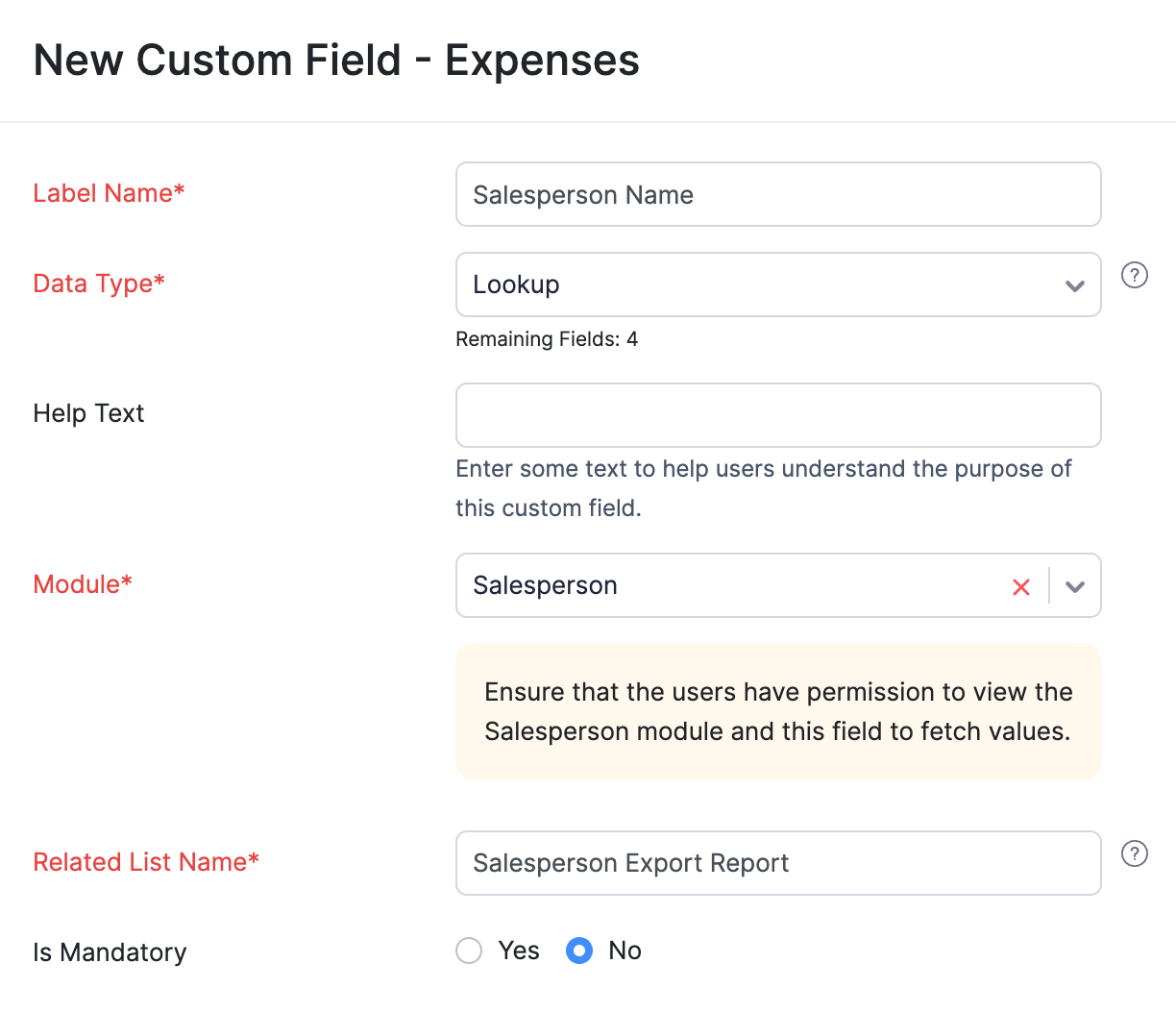 Enter the custom field details