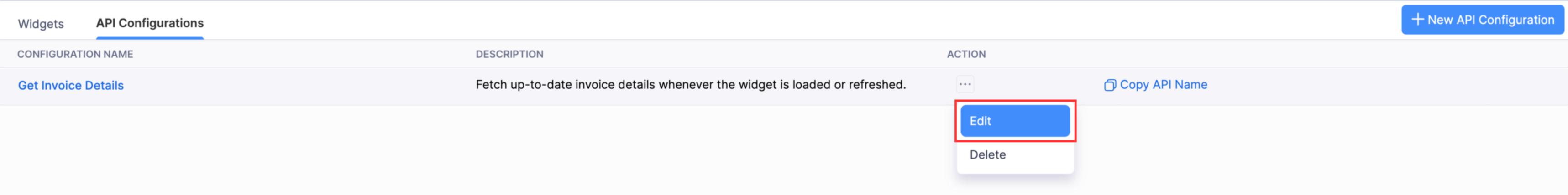 The API Configurations List page. Click the More icon next to an API configuration and select Edit to edit an API configuration.