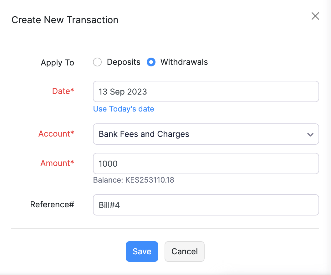 Enter the transaction details in the pop-up 