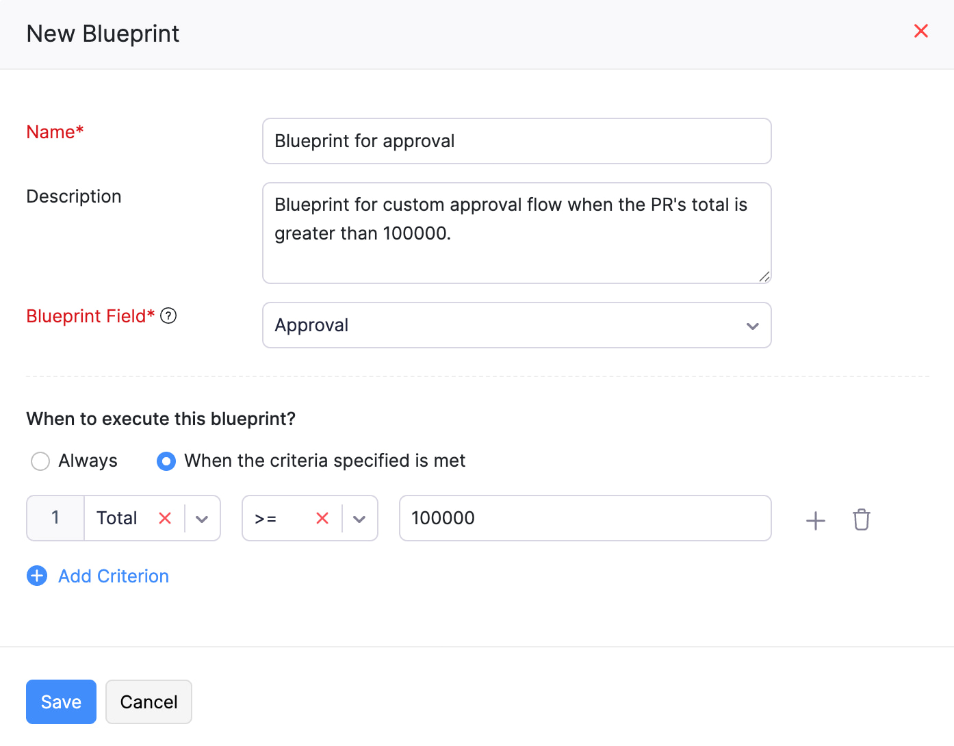 The New Blueprint modal to fill in the basic information of the blueprint such as its Name, Description, Blueprint Field, and Criteria.