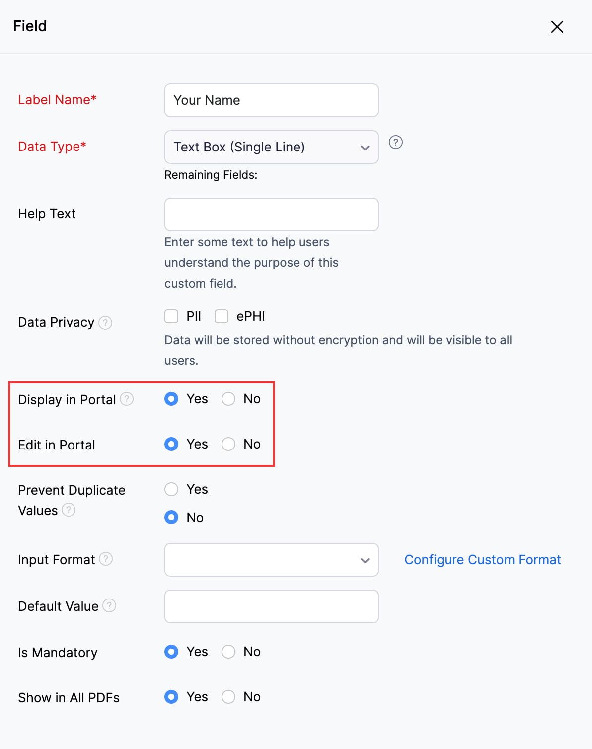 The Preferences pane of a custom field. Choose Yes for Display in Portal to add a custom module to the customer and vendor portals.