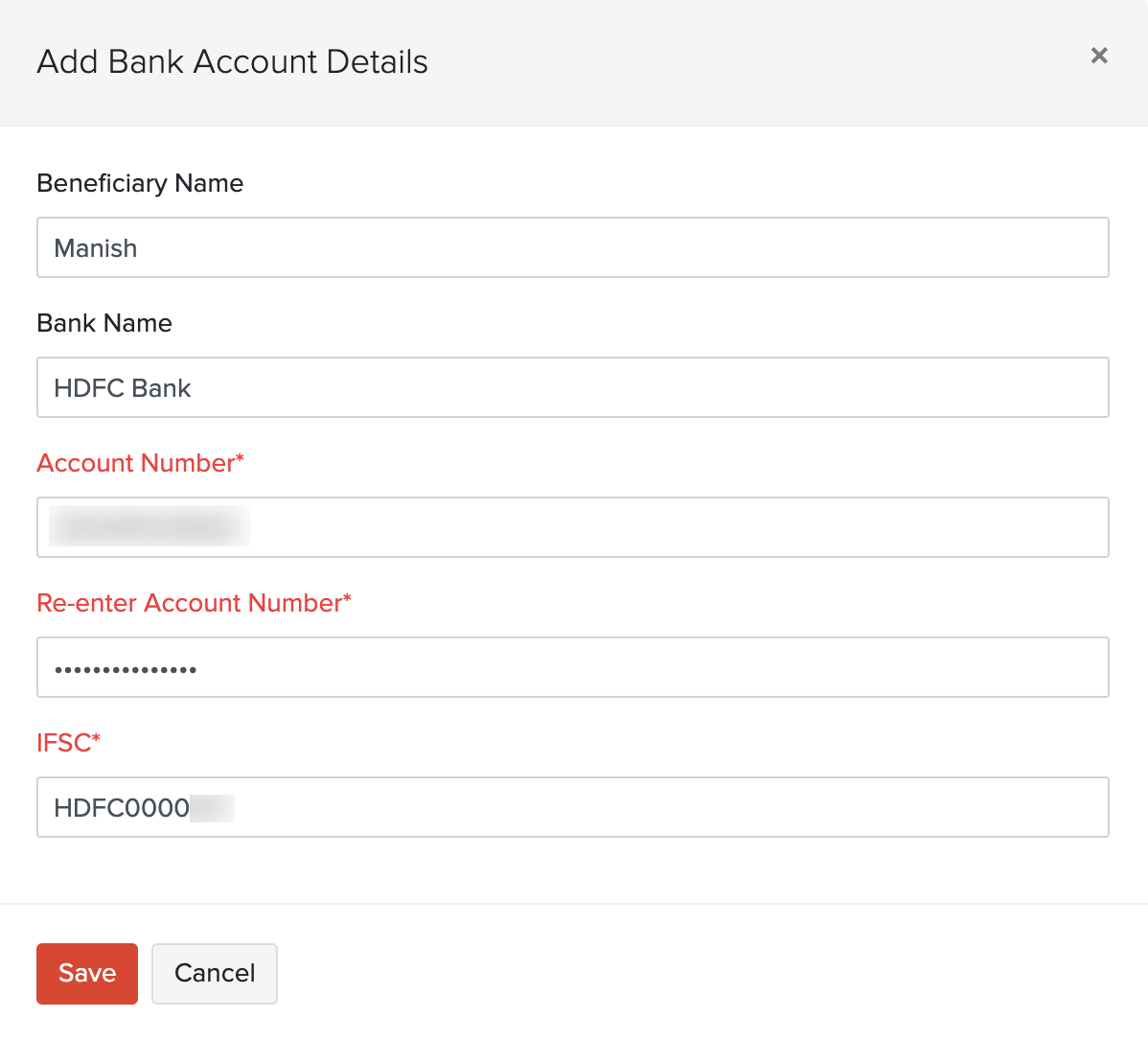 Enter vendor bank account details