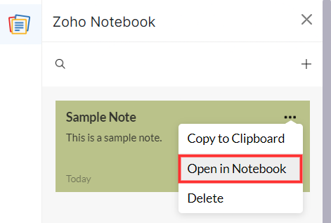 Click Open in Notebook to open the card in Zoho Notebook