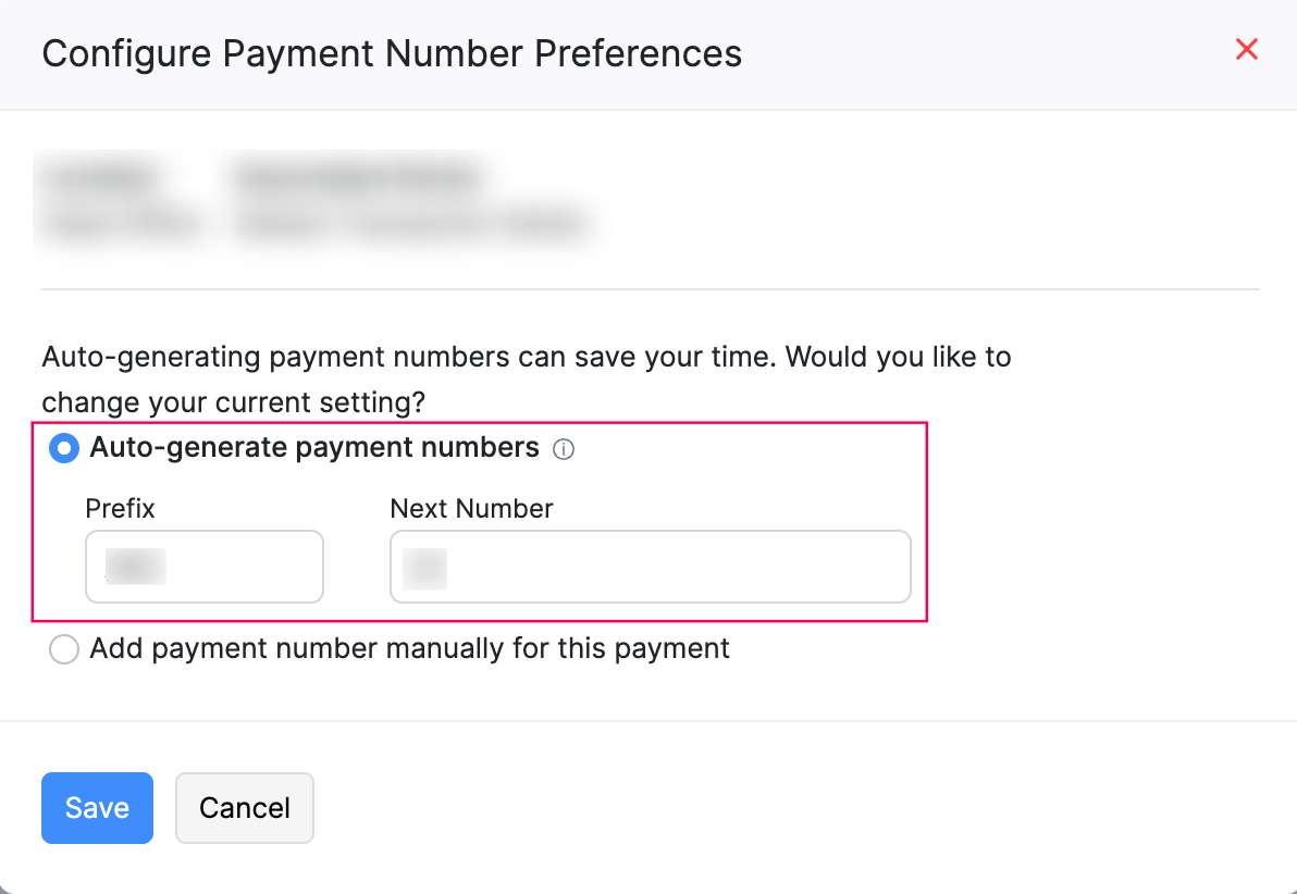 Configure Payment Number Preferences Popup