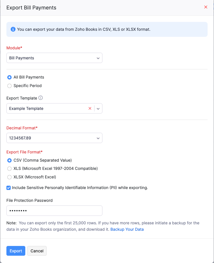 Export Payments Made Popup