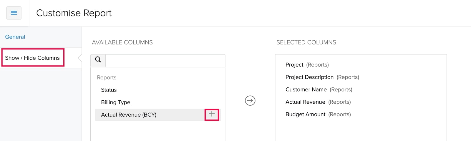 Show or Hide Columns Project Revenue Summary