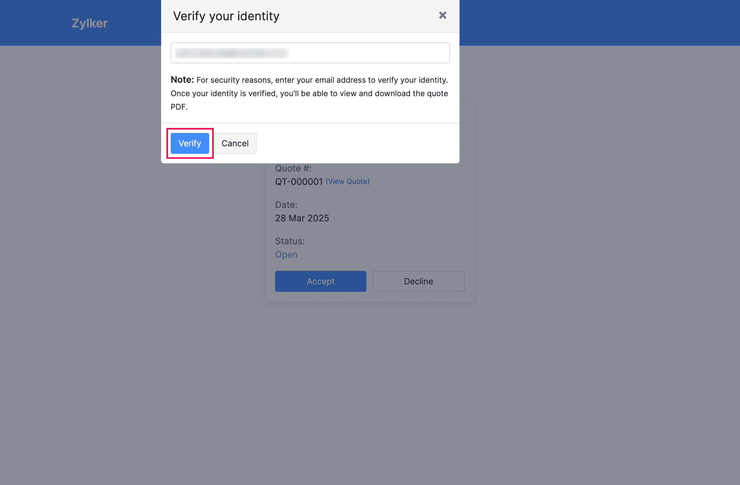 Verify Your Identity Popup in Quotes