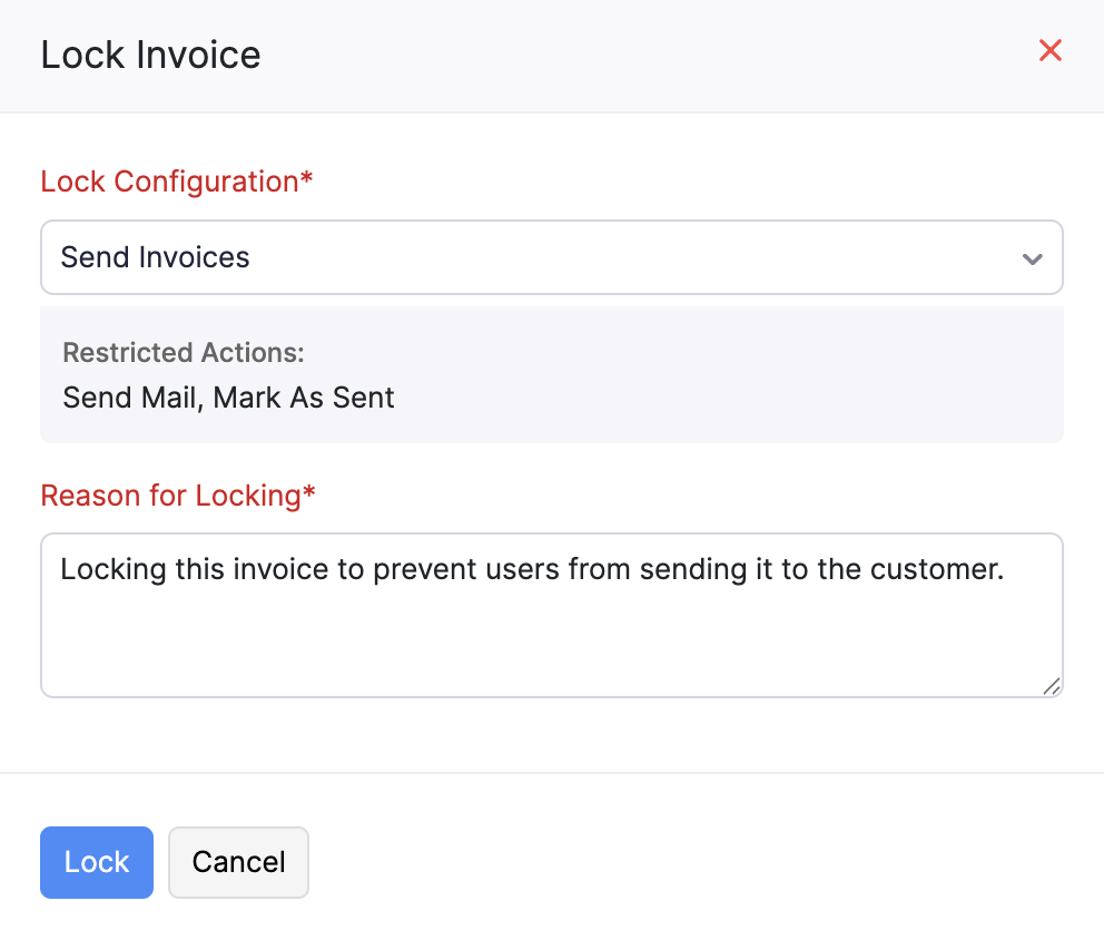 The Lock Record pop-up. Select the Lock Configuration and enter the Reason for Locking to a lock a record.