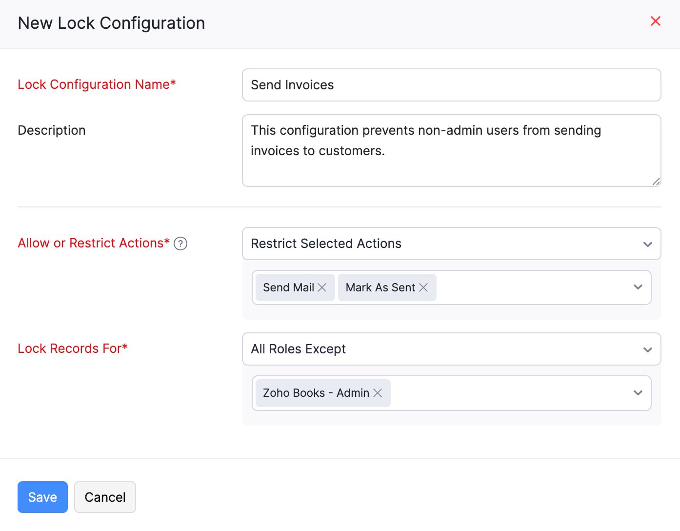 The New Lock Configuration pop-up. Allow or restrict actions and fields, and choose which users and roles can edit locked records using a lock configuration.
