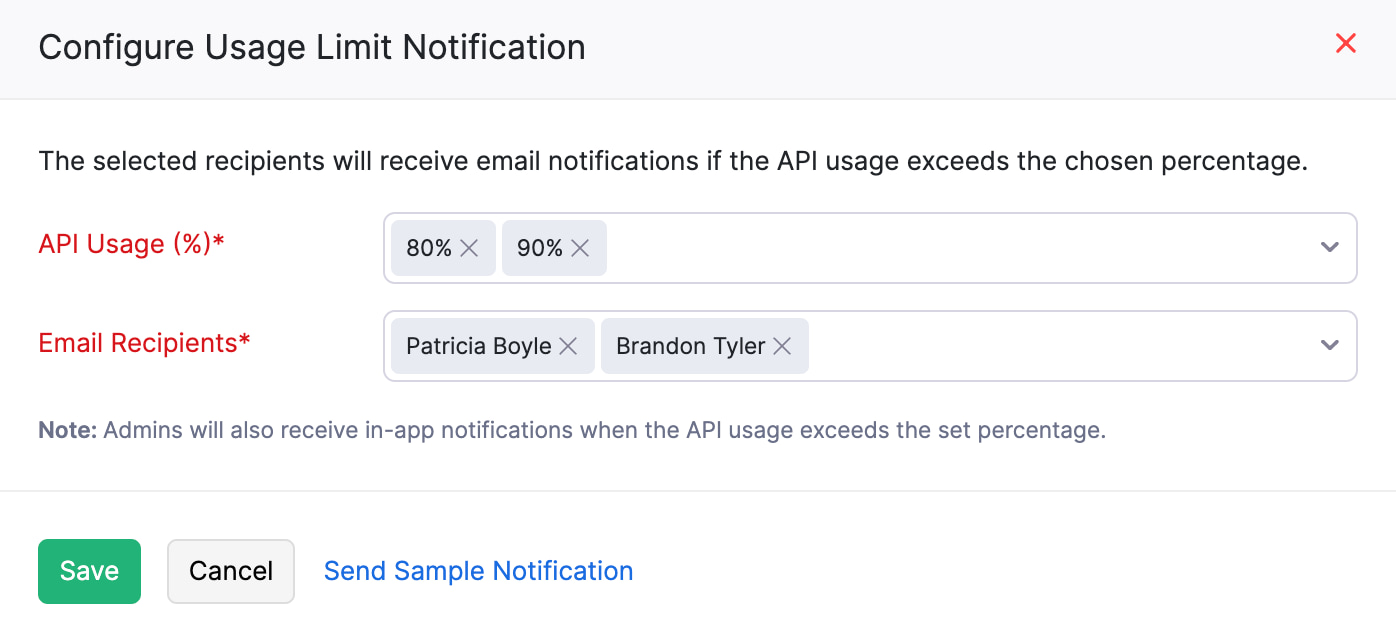 The Configure API Limit Notification pop-up. Select the API Usage % and the Email Recipients to notify them when the API usage exceeds the selected thresholds.