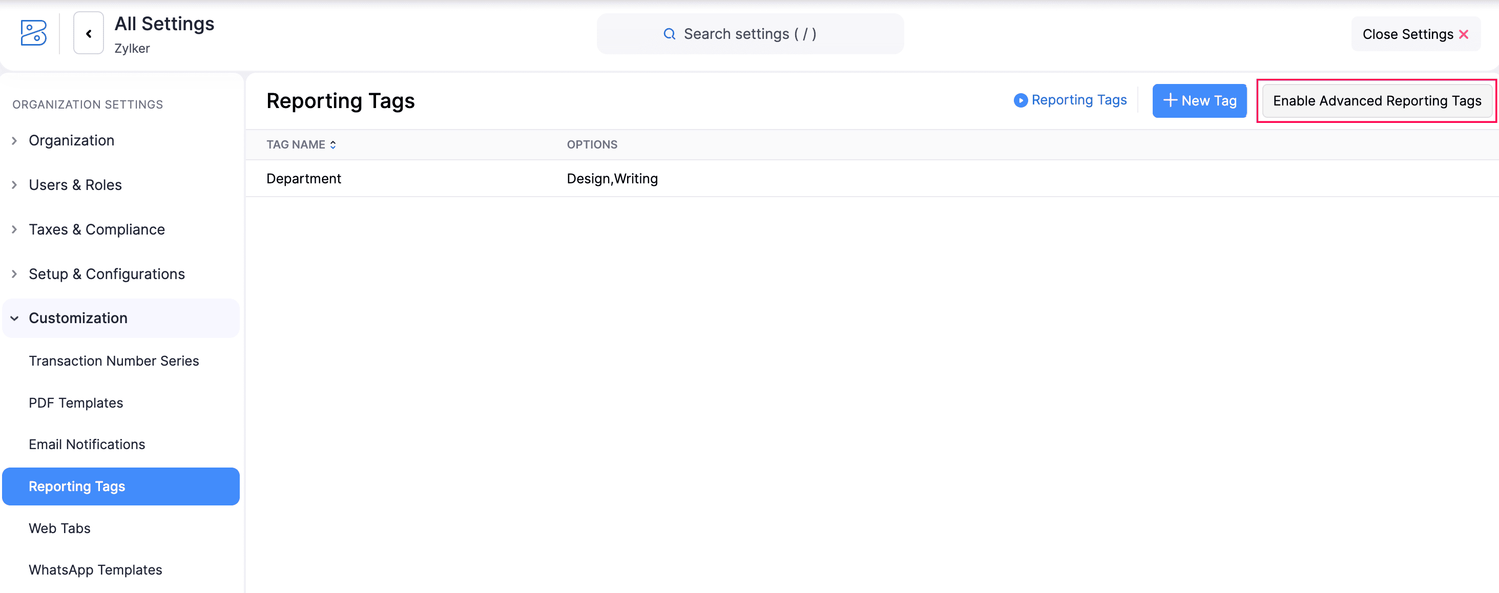 Enable Advanced Reporting Tag