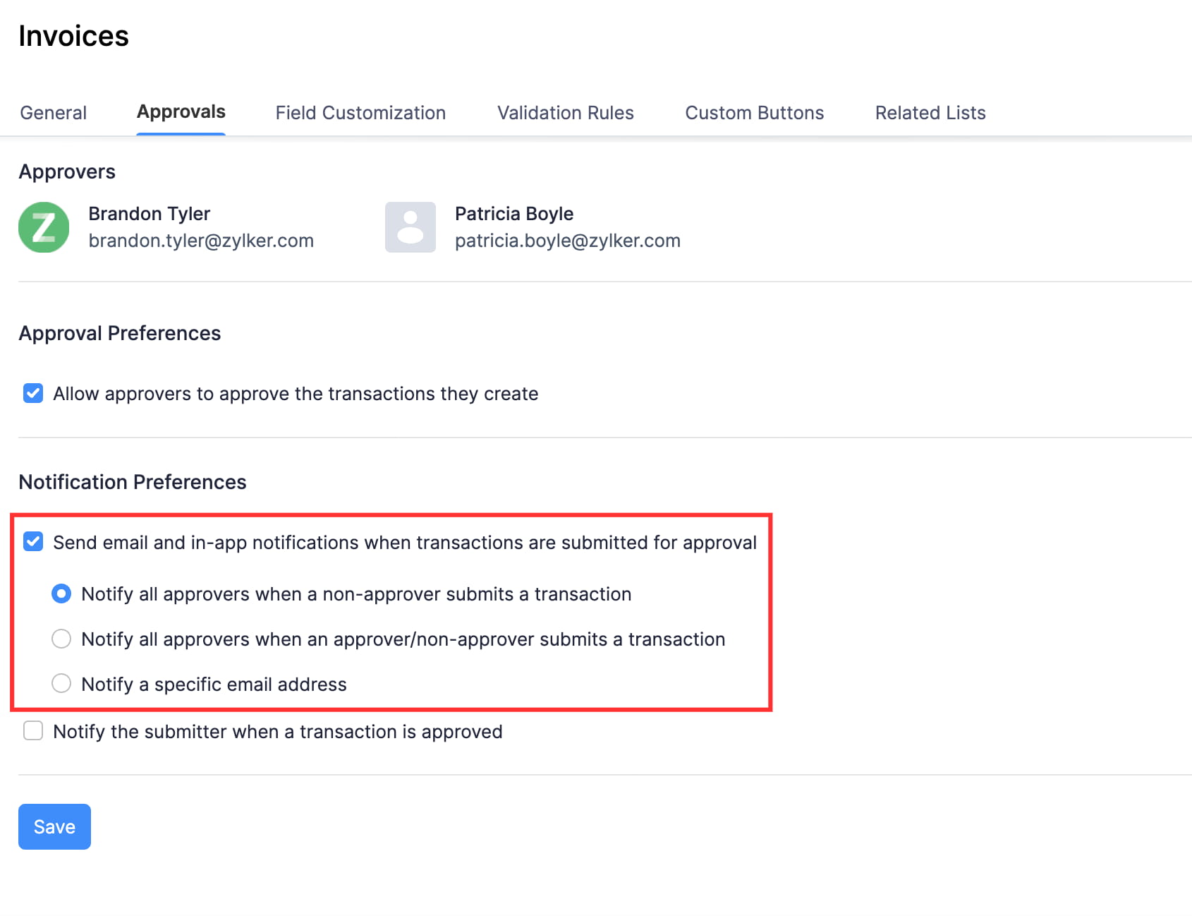 PNotify approvers when transactions are submitted for approval