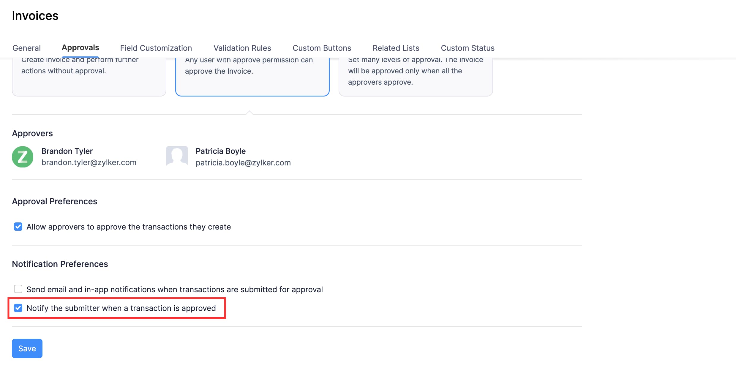 Notify submitters when transactions are approved
