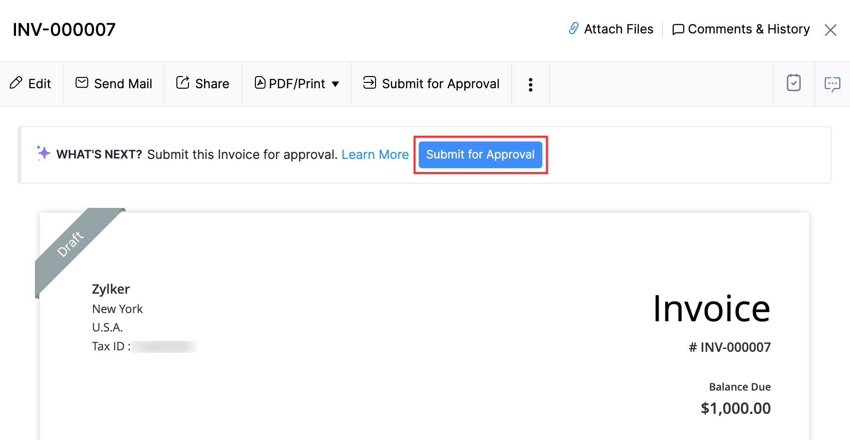 Click Submit for Approval to submit the transaction for approval