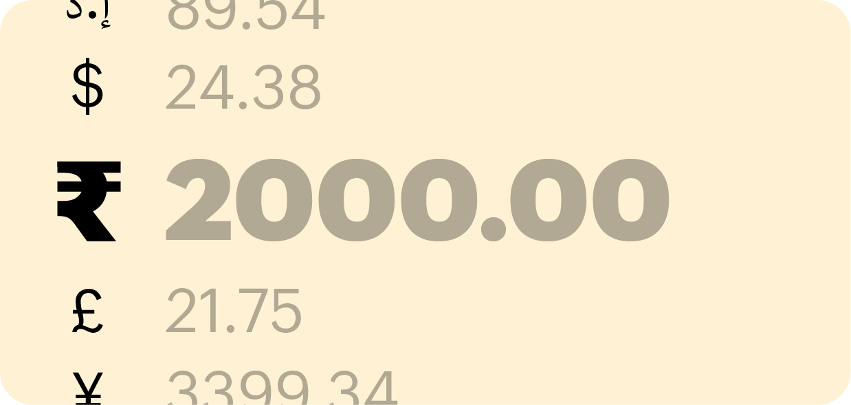 Numbers with global currency symbols highlights Zoho Books' multi-currency feature