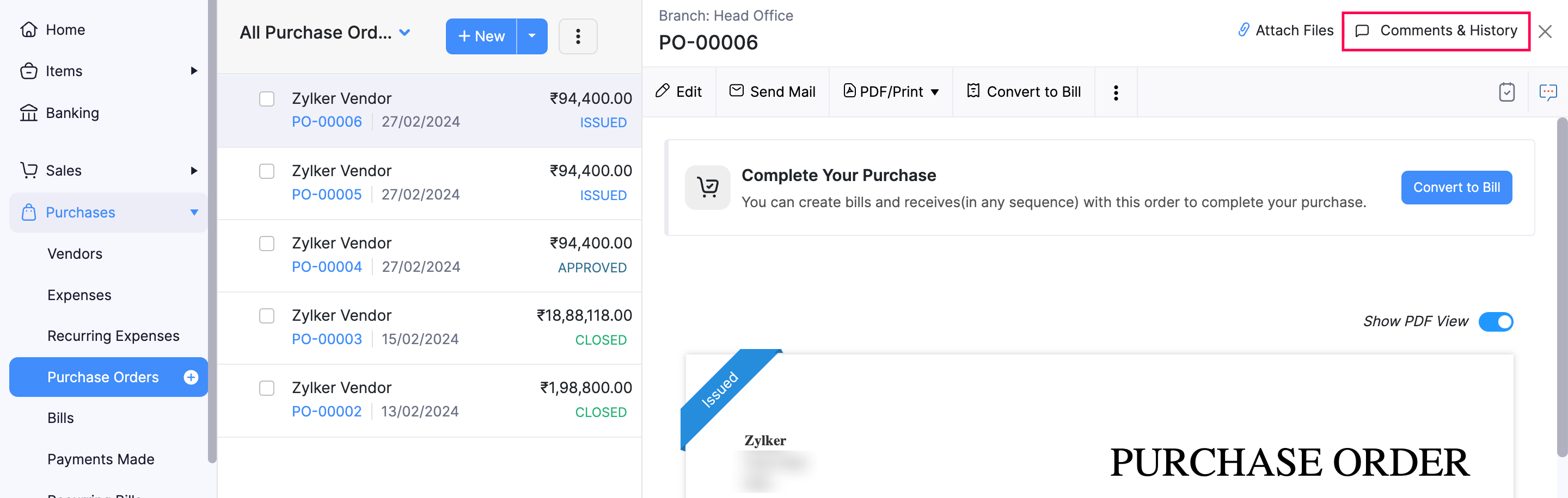 Comments & History button in a purchase order in Zoho Books