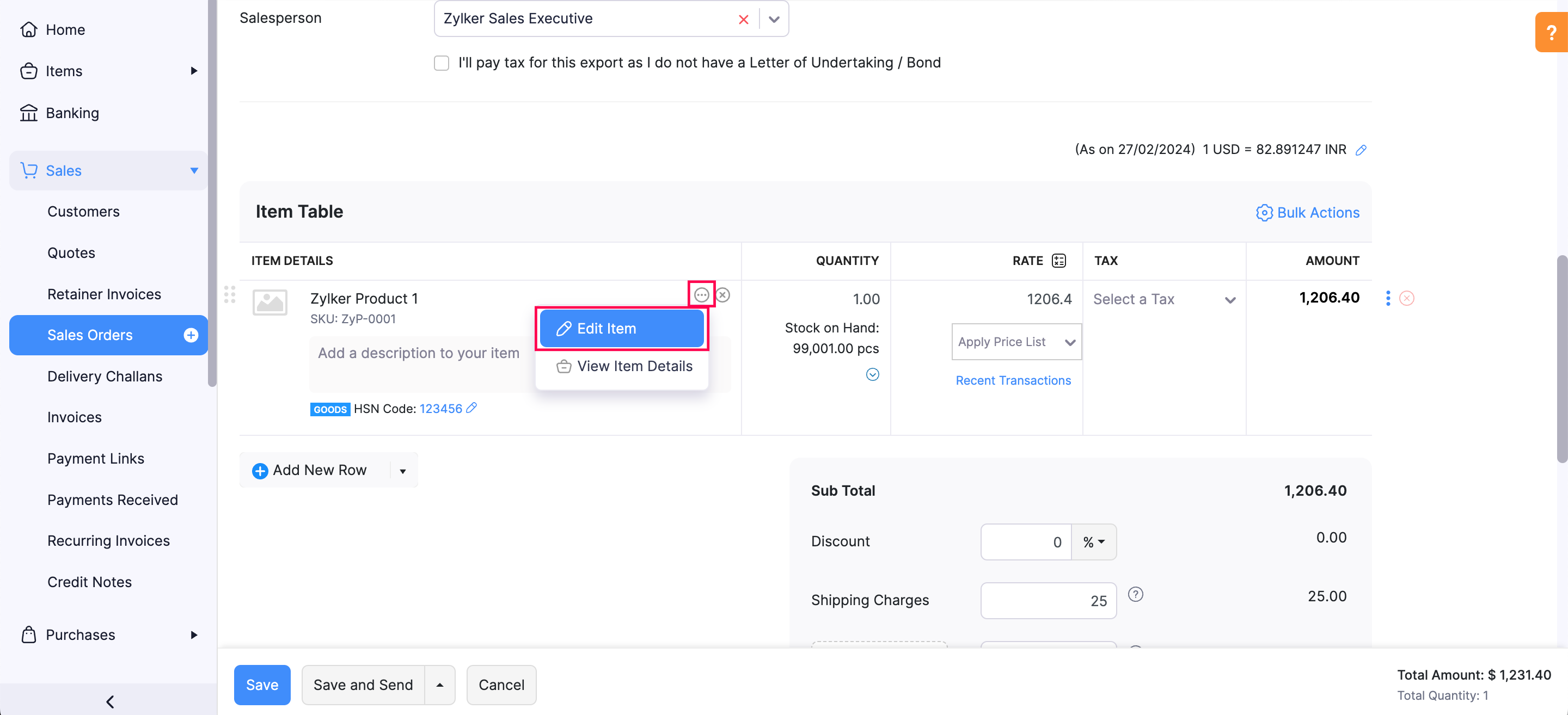 Edit the details of an item from within a sales order in Zoho Books