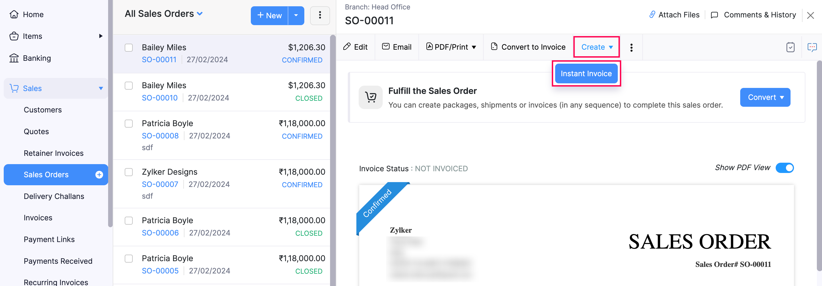Instant Invoice button in a sales order in Zoho Books