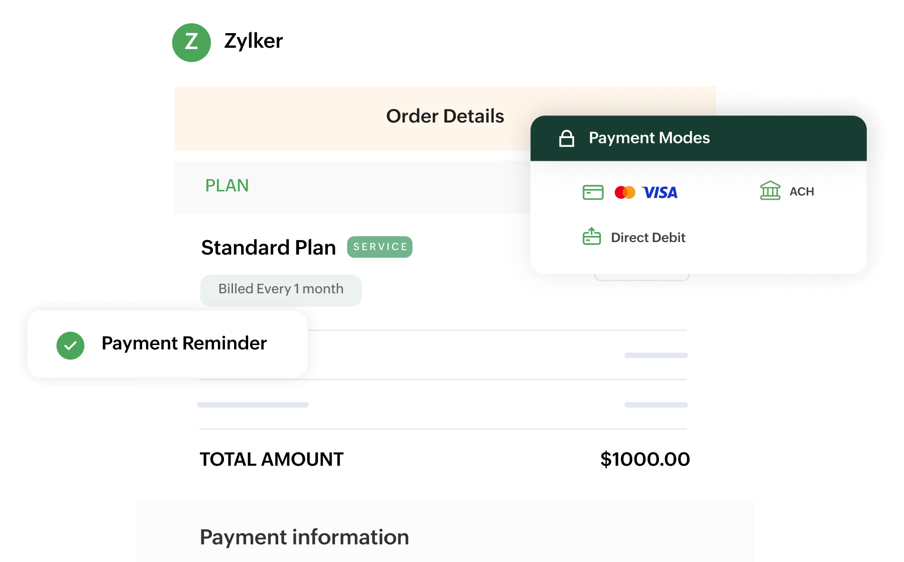 Preview of Zoho Billing's order summary and the multiple payment gateways and modes supported