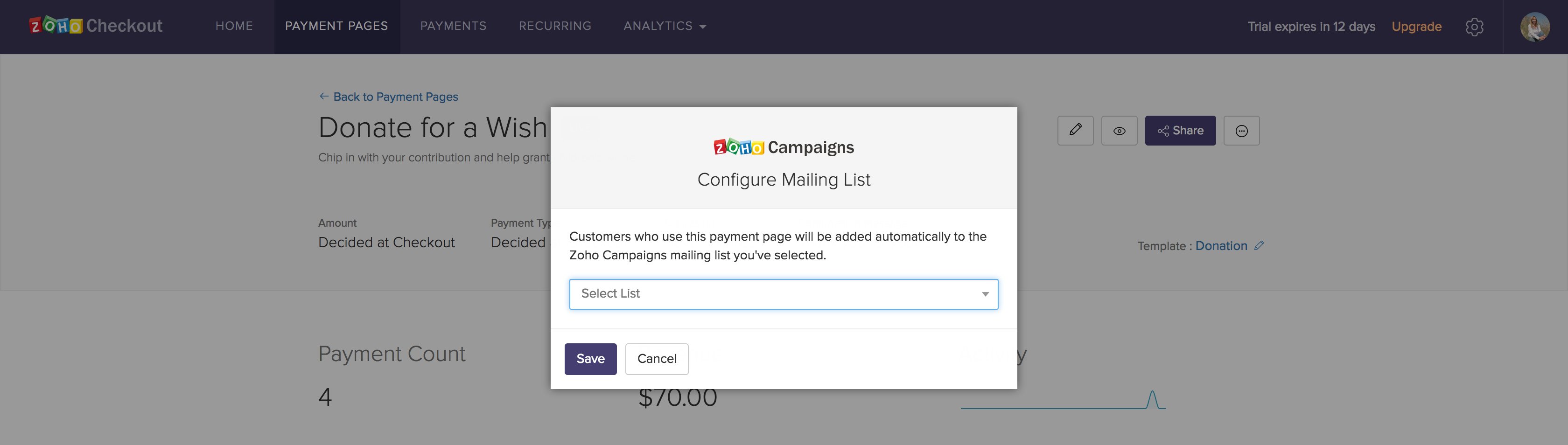 Selecting the desired Campaigns mailing list