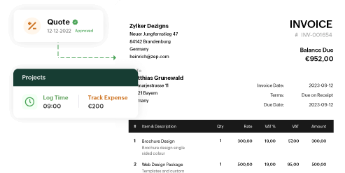 Zoho Billing interface displaying a detailed invoice with QR code for payment, itemized listing of sofa and chair with tax breakdown, and a project summary showing 2 hours of logged time and  tracked expense.