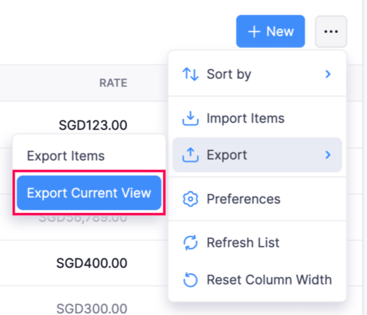 Export Current View Dropdown