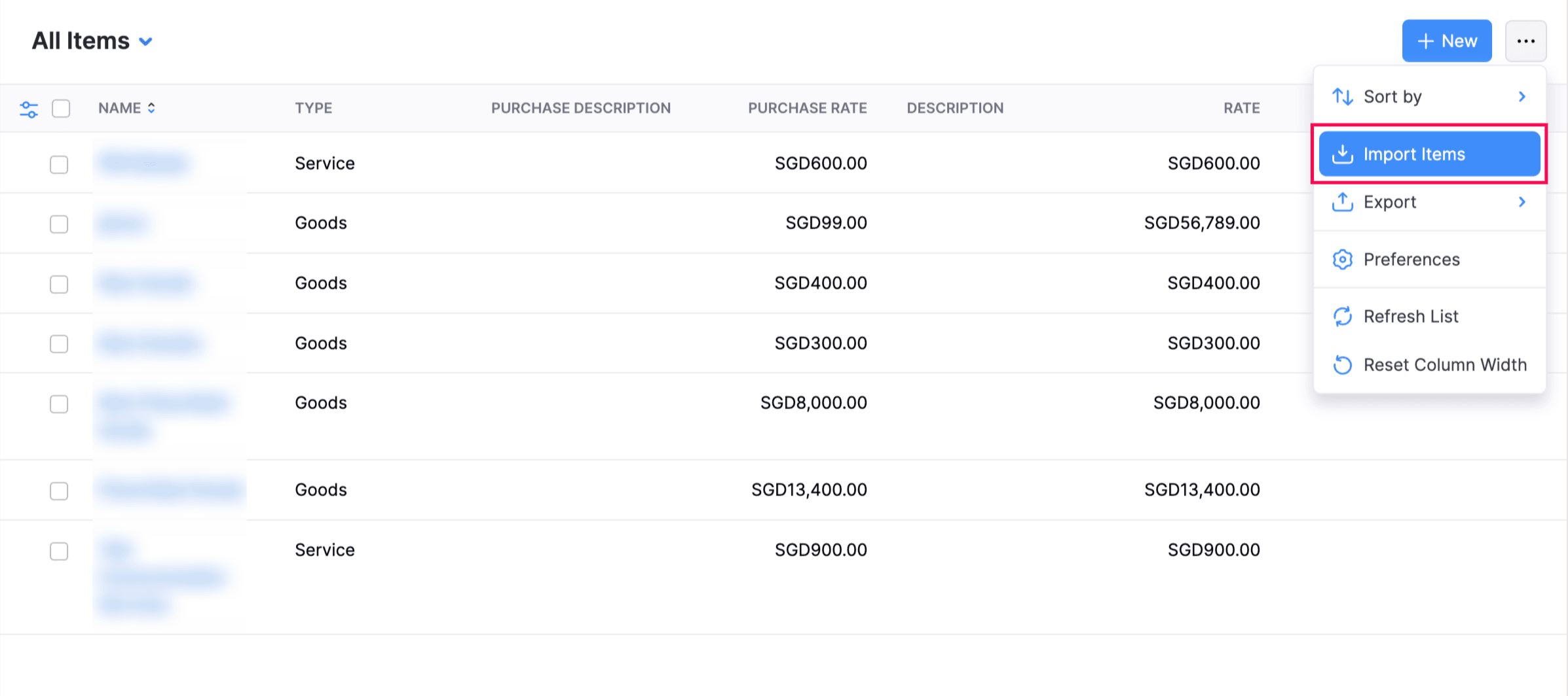 Import Items Dropdown