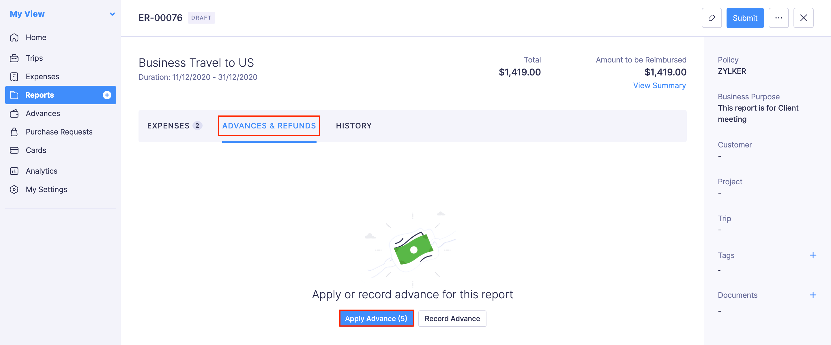 Apply Advances to Reports