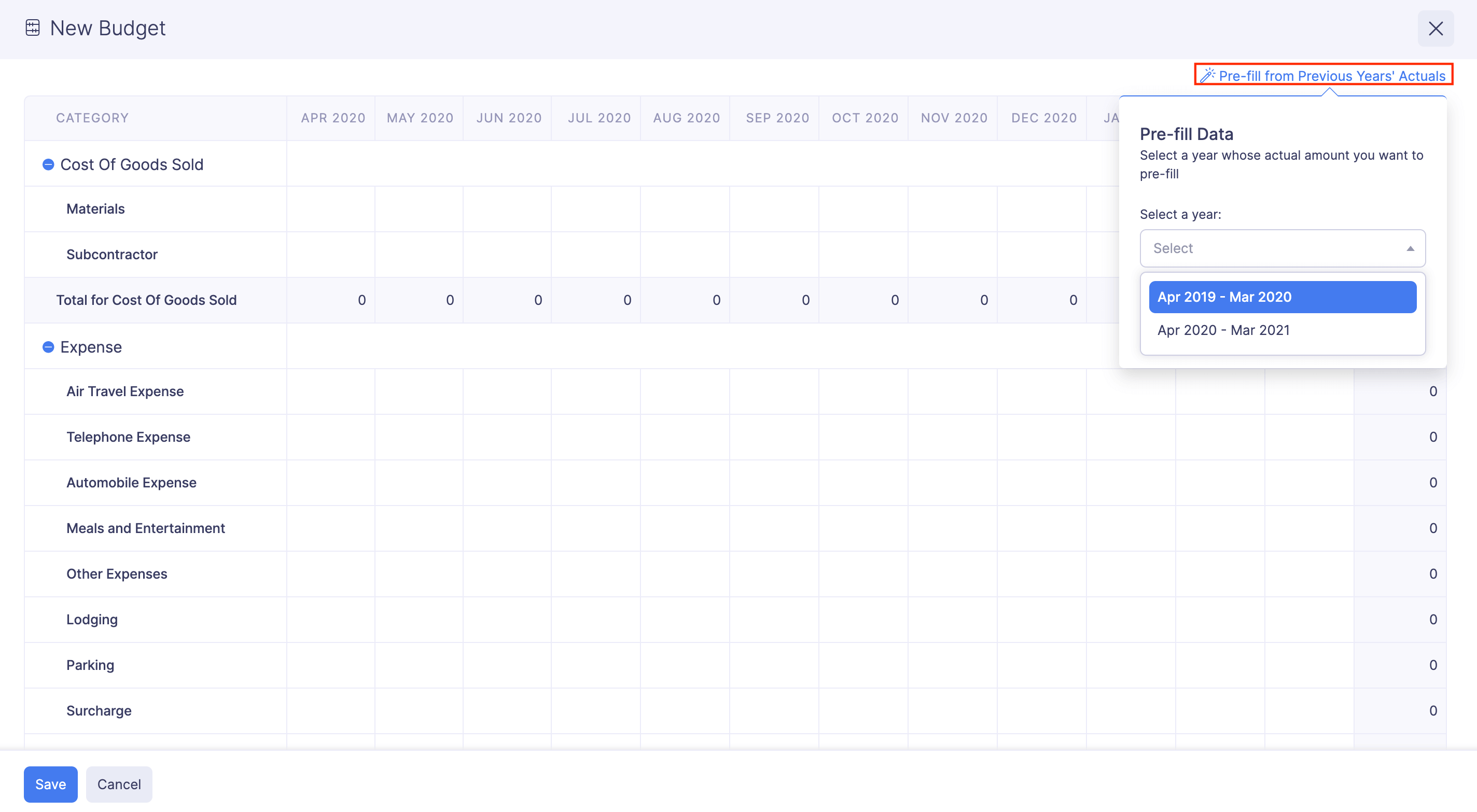 Pre-fill based on previous years' actuals