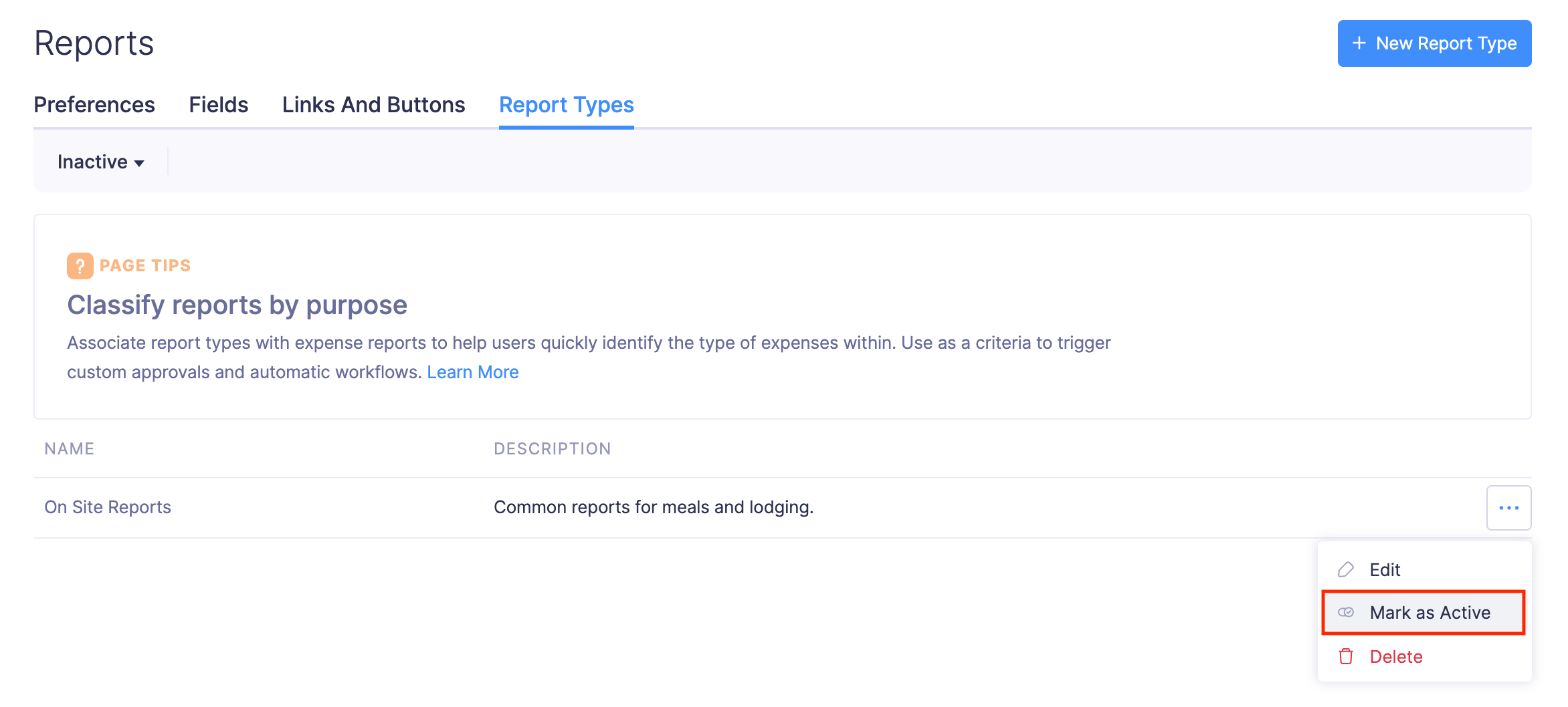 Mark a Report Type as Active or Inactive