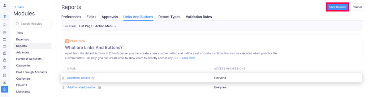 Reorder Custom Links