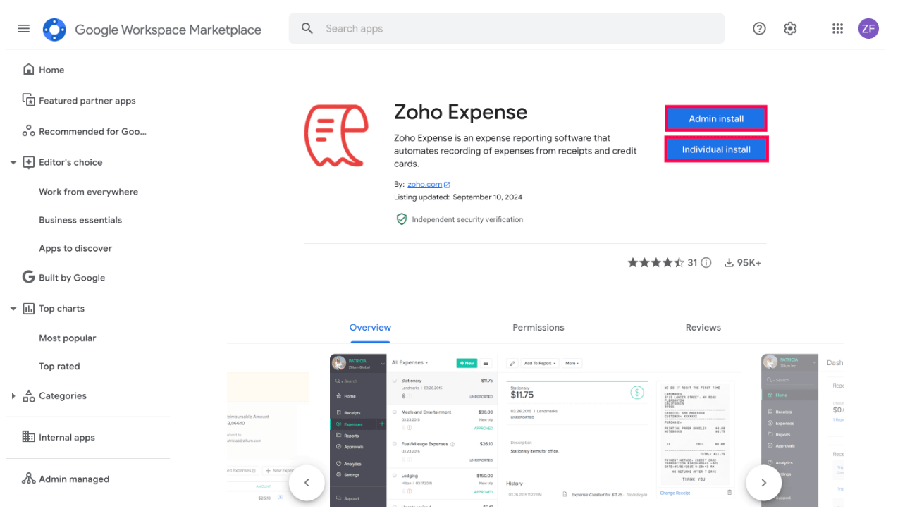 Install Zoho Expense in your Google Workspace